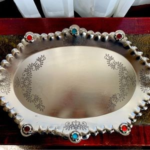 Rare Silver Etched Jeweled Tray 20”x13”